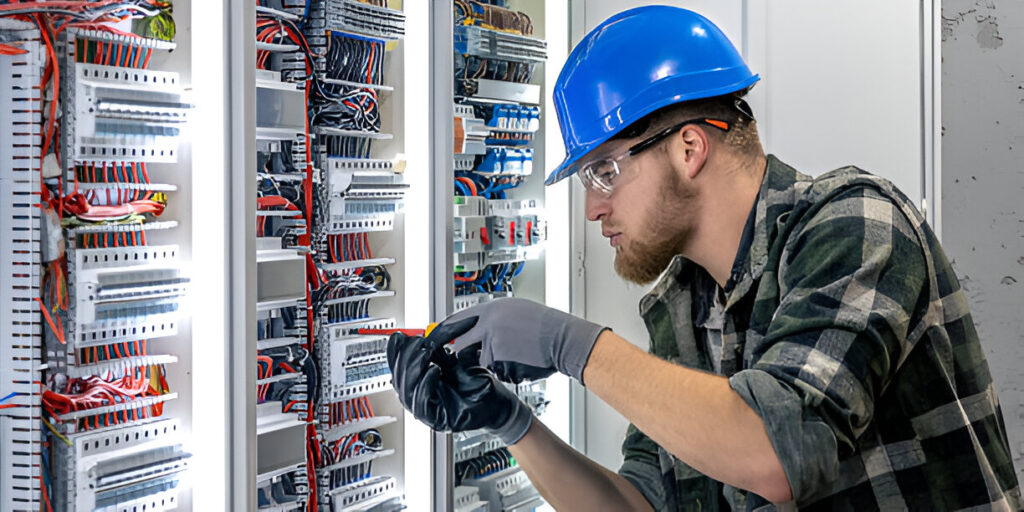 Licensed emergency electrician in Edmonton fixing panel